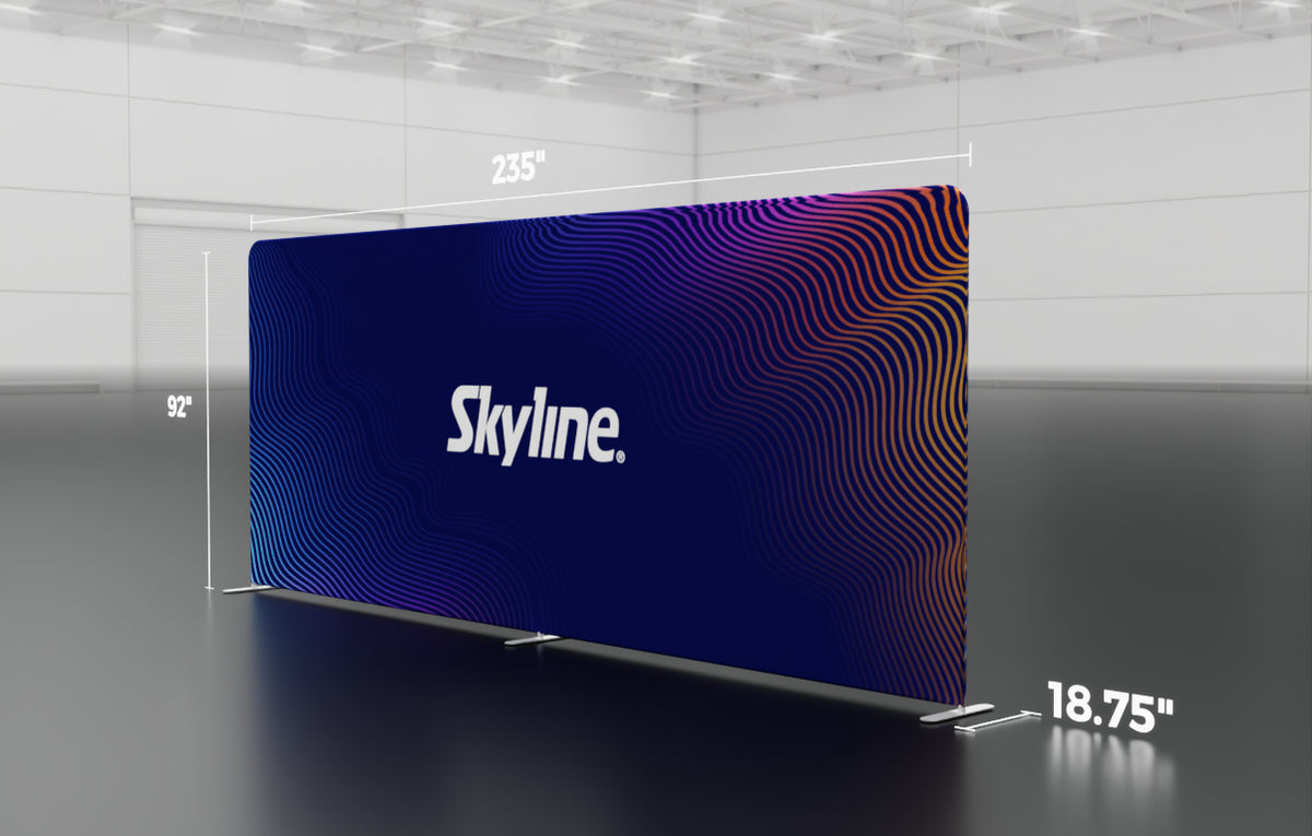 20-foot straight backwall display with aluminum frame and single-sided pillowcase graphic