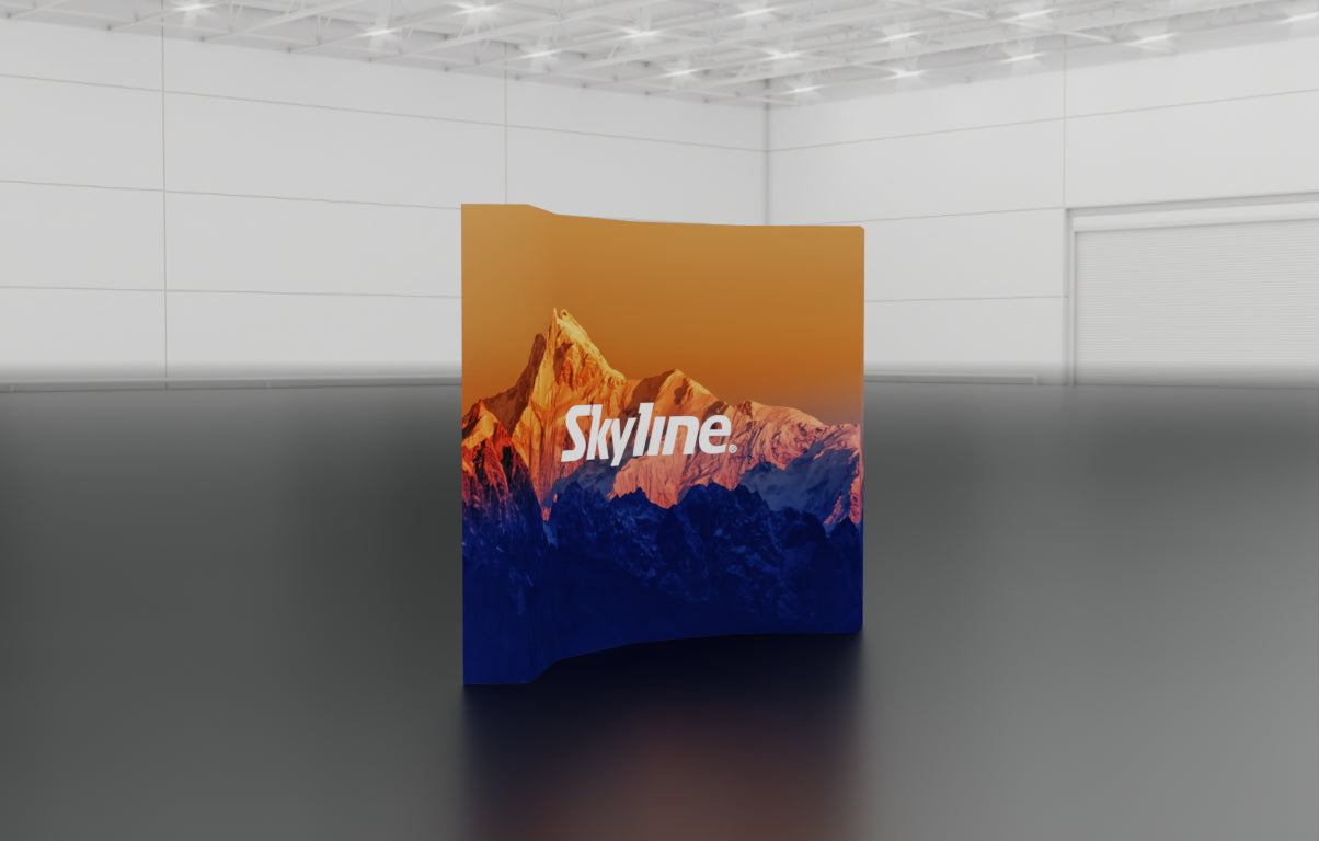 Pop-up 10-foot curved display with pre-attached seamless fabric