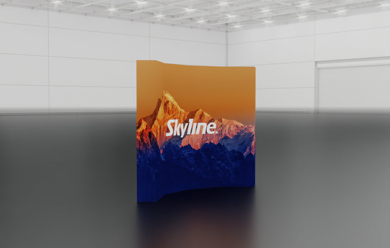 Pop-up 10-foot curved display with pre-attached seamless fabric