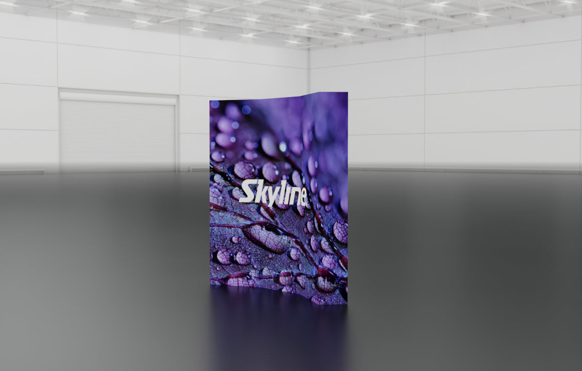 Pop-up 8-foot curved display with pre-attached seamless fabric