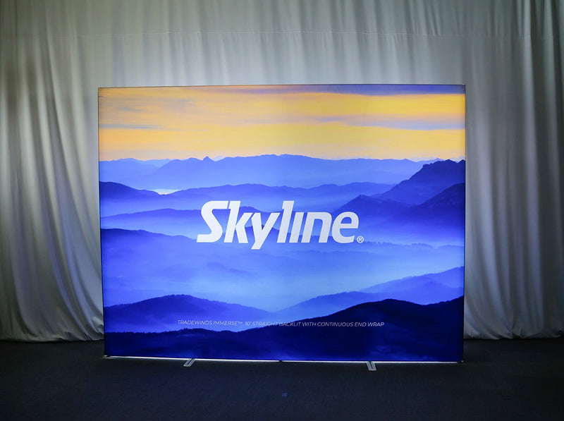 Pop-up 10-foot straight backlit display with silicon-edge fabric graphics